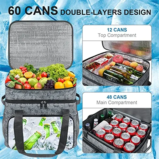 Cooler Bag, 60 Cans Large Insulated Lunch Cooler Bag Lightweight Lunch Box for Women Men, Foldable Double Layer Waterproof &amp; Leakproof Beach Cooler with Beer